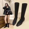 Shoes Female 2024 Fashion Sleeve Women's Boots Winter Square Toe Solid High Tube Low Heels Large Size Stretch Botas De Mujer