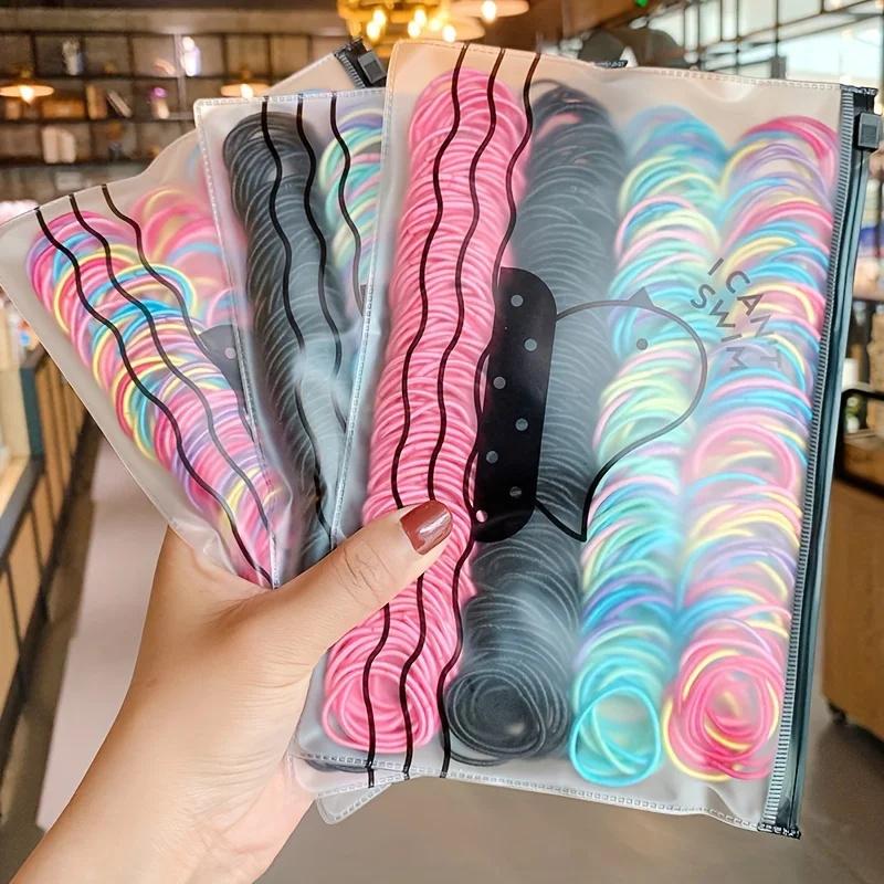 100Pcs Girls Hair Ties Set – Latex-Free Elastic Ponytail Holders, Colorful No-Crease Hair Bands for Kids & Teens, with Storage Box