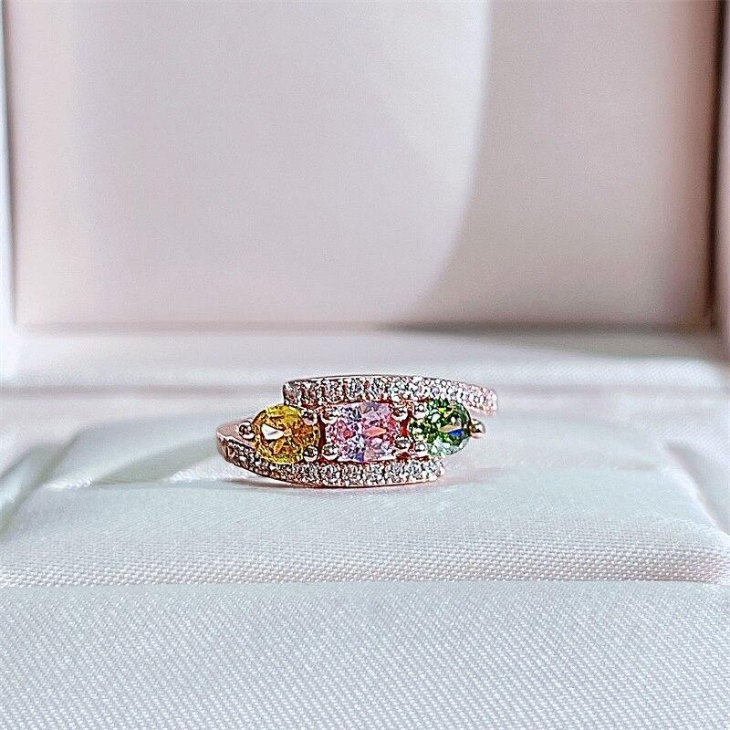 POMOiii Женское кольцо с красочным цирконом круглой формы, ювелирный подарок, открытый размер, свадебный подарок на помолвку