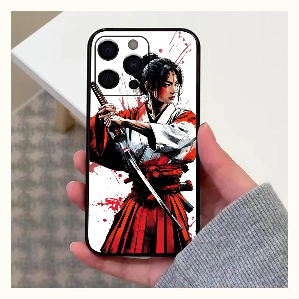 Samurai Warrior Geisha Phone Case For Apple iPhone 15,14,13,12,11,Pro,X,XS,Max,XR,Plus,Mini Soft black shell