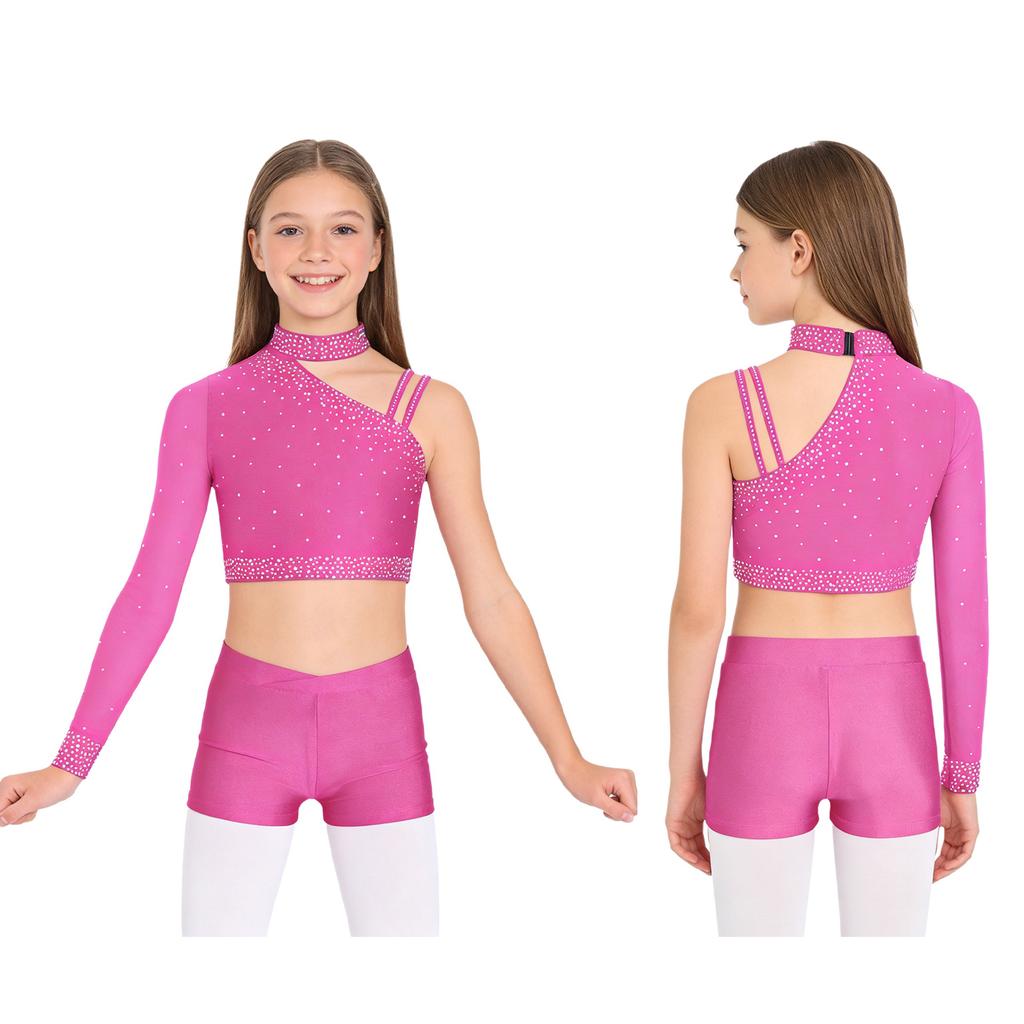 Блестящий укороченный топ для танцев со стразами для девочек: Шорты с асимметричным плечом и V-образным поясом для танцевальных выступлений