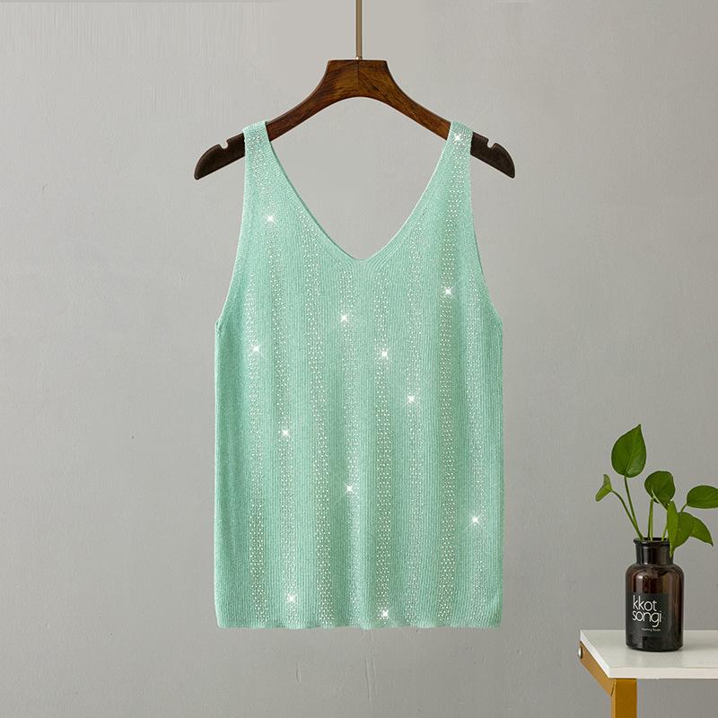 Женская летняя вязаная майка из ледяного шелка с яркой нитью и V-образным вырезом, облегающая майка