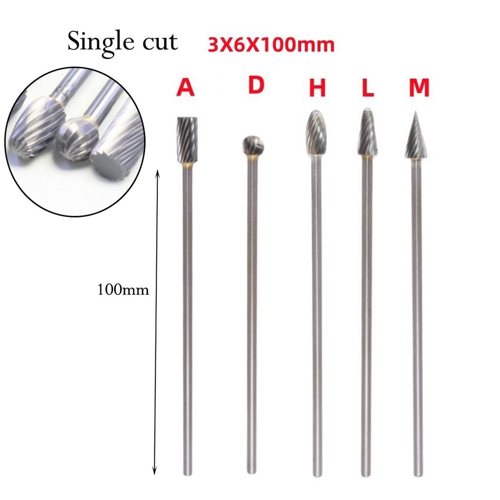 5pcs 100mm Long Rotary Burrs Set 3x6mm Solid Carbide Single Cut Tool Bits