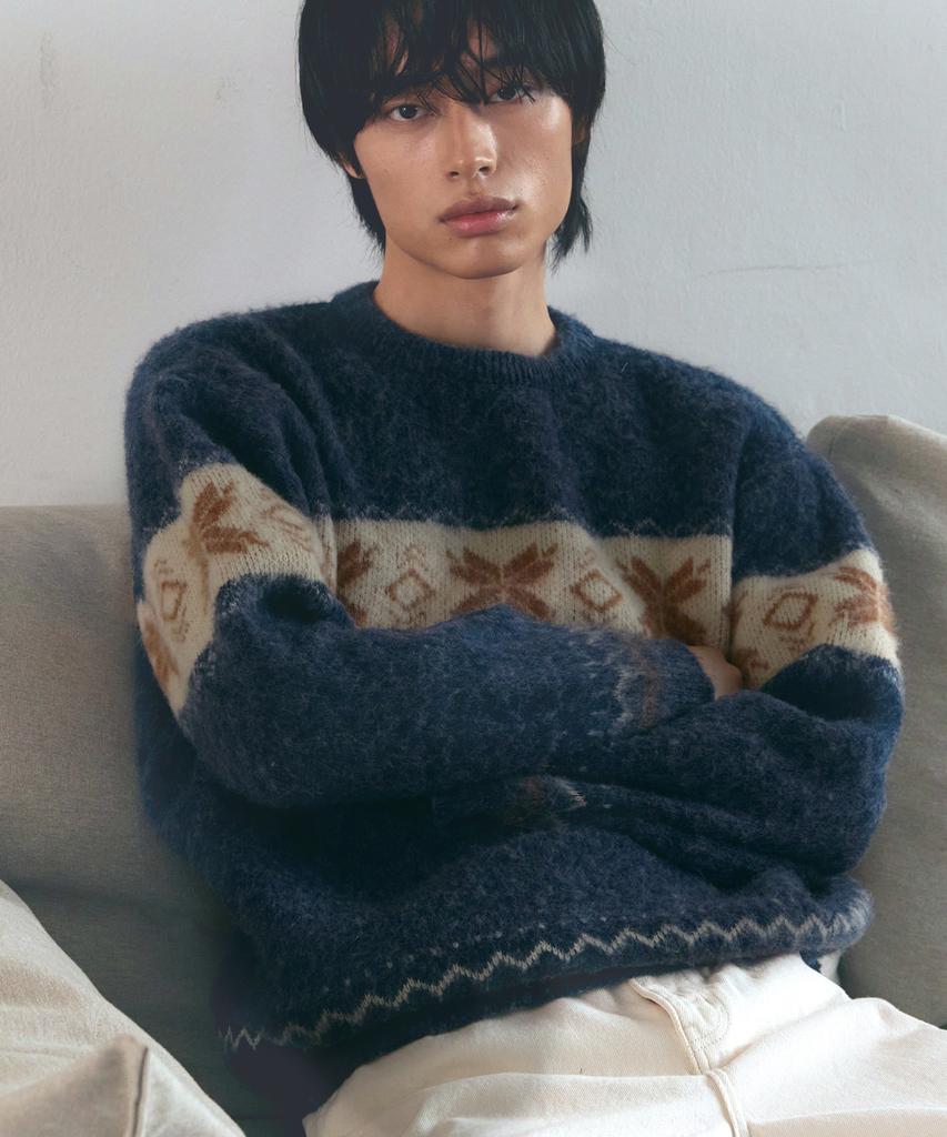 NODU Snow Nordic Snowflake Round Knit [Navy]