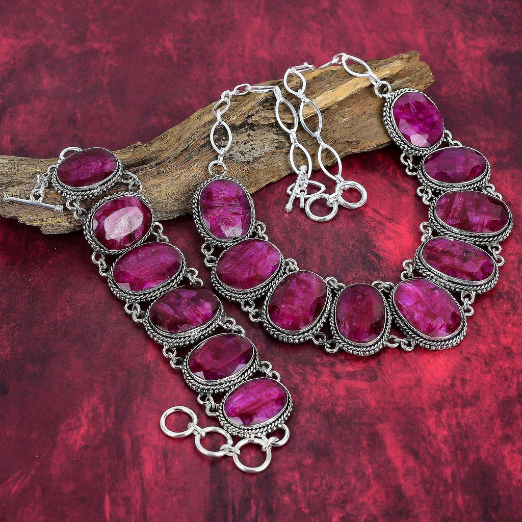 Kashmiri Red Ruby Gemstone Jewelry, 925 Solid Sterling Silver Bracelet& Necklace Jewelry Set, Handmade Pretty Jewelry Set For Women
