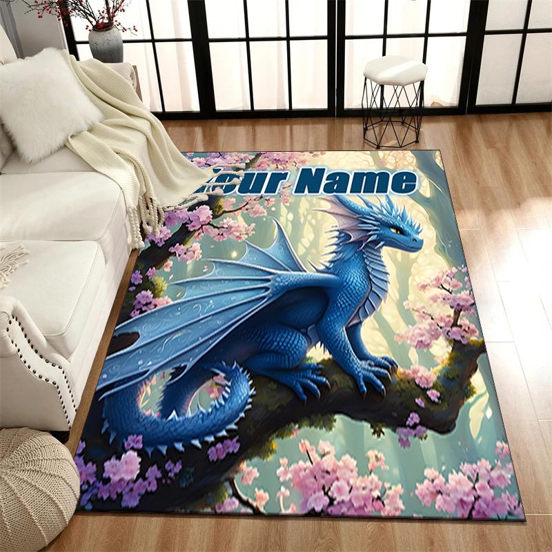1PC Custom Name Blue Dragon Fantasy Art Theme Floor Mat Ideal for Living Room, Game Rooms, Office, Bedroom, Office Floor Mat , Floor Mats for Home