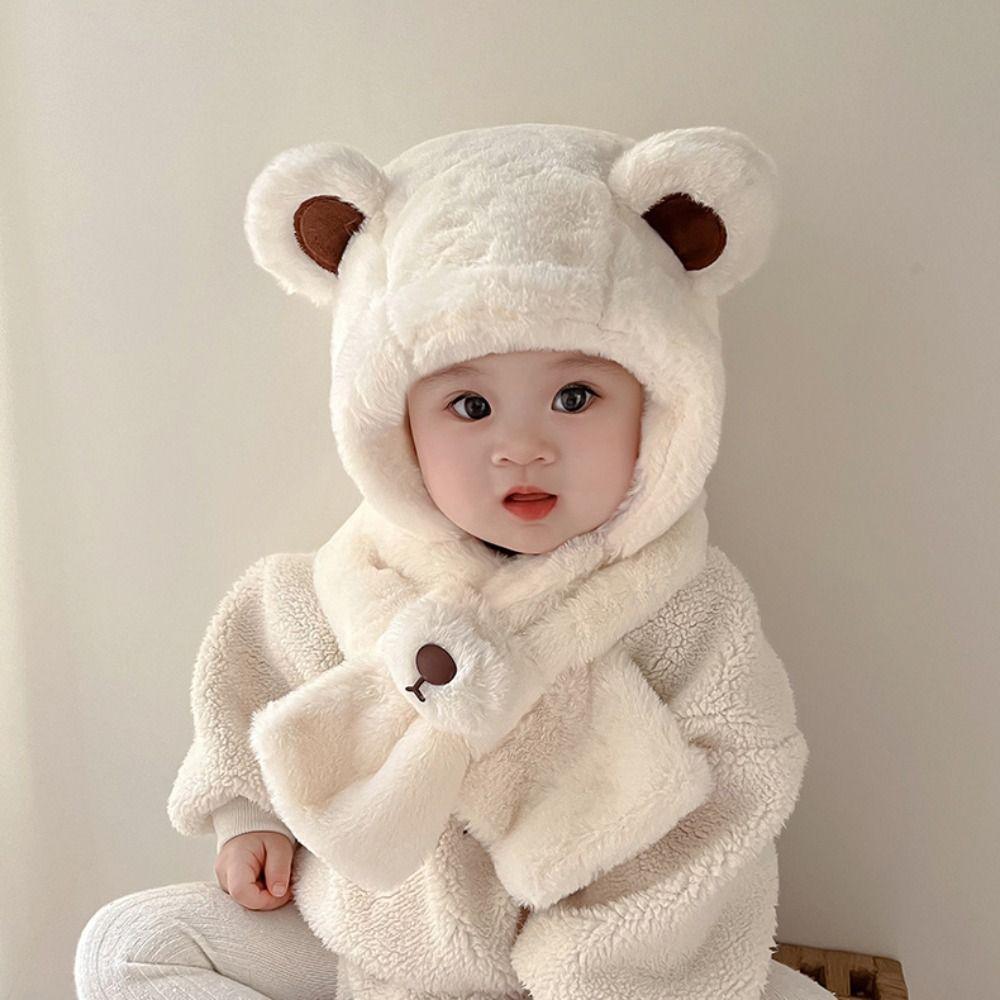 Solid Color Children Fleece Hat Fashion Design Plush Hat with Scarf Outdoor Bear Plush Hat Kid