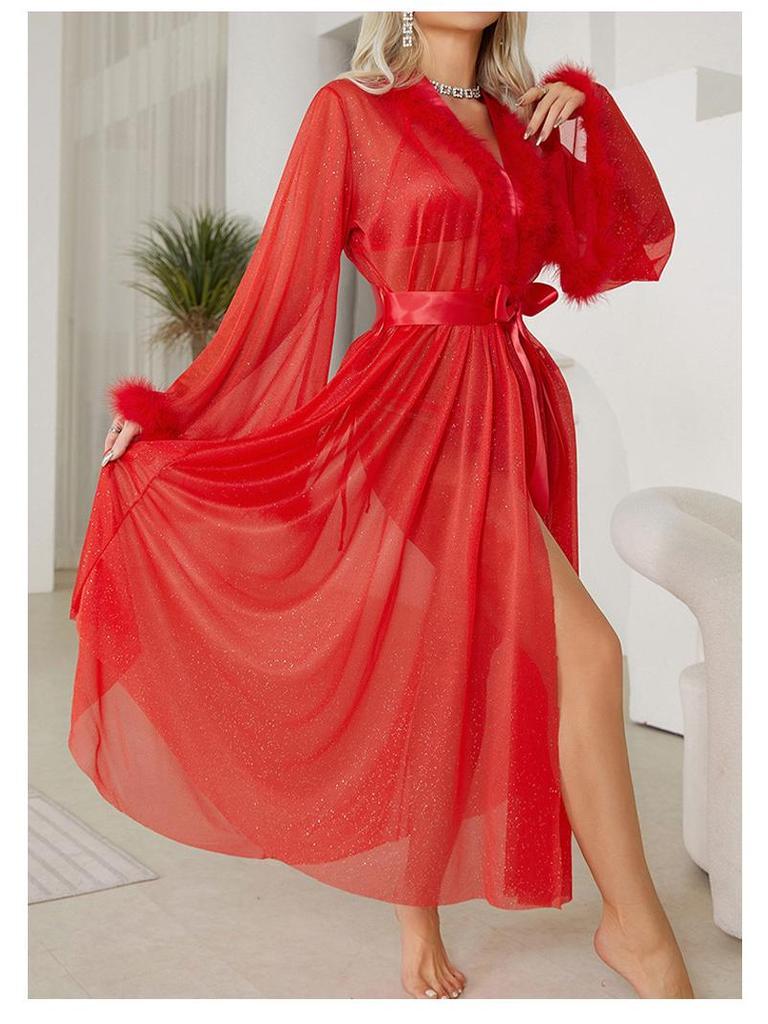 Женский пижамный набор Fiyun из серебристого шелка и халат - Легкая роскошь, Длинный рукав, Пушистый, Охлаждающий на ощупь, Домашняя одежда