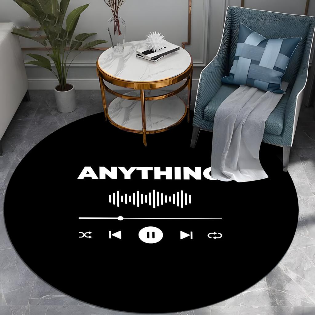 Круглый ковер с управлением музыкой - Текст 'ANYTHING' с иконками Play/Pause, Минималистичный черно-белый ковер, Нескользящий коврик для пола в DJ-комнате