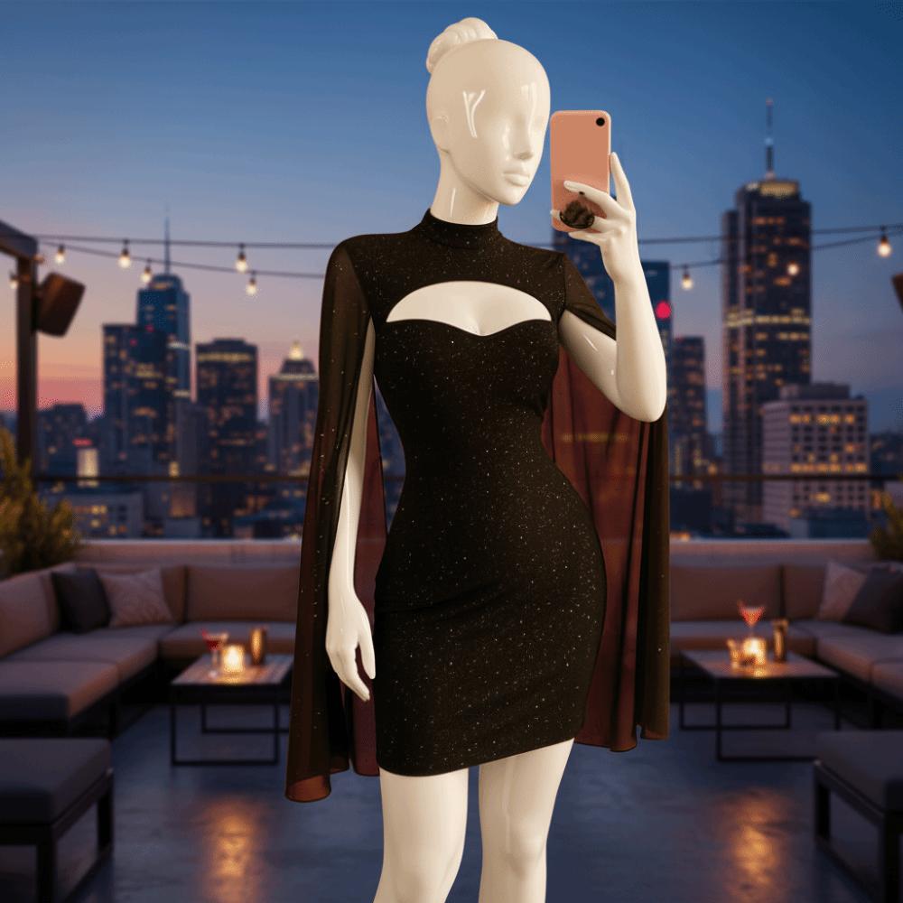 A-line Women Glitter Party Dress Sparkling Slim Evening Dress Chiffon Cape Red Dress Ladies Girl