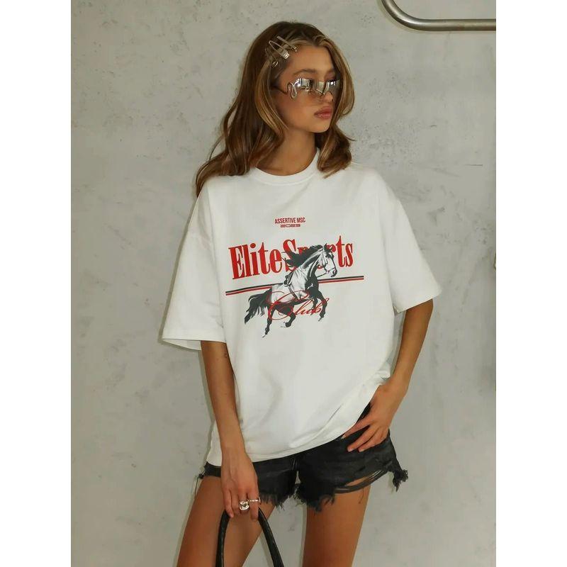 Loose Printed T-shirt Top Western Style New Fashion Print Letter Loose Cotton T-shirt Top
