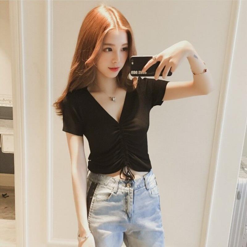 Summer New Korean Style V-neck Drawstring Navel-baring Sexy Short Top Women's Waist Design Slim Short-sleeved T-shirt