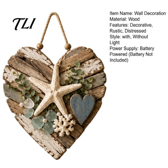 Hanging Wood Bead Ornament Rustic Coastal Heart Shape Wall with LED Light, Distressed Farmhouse Pendant Decor Beads & Jute Rope for Living Room