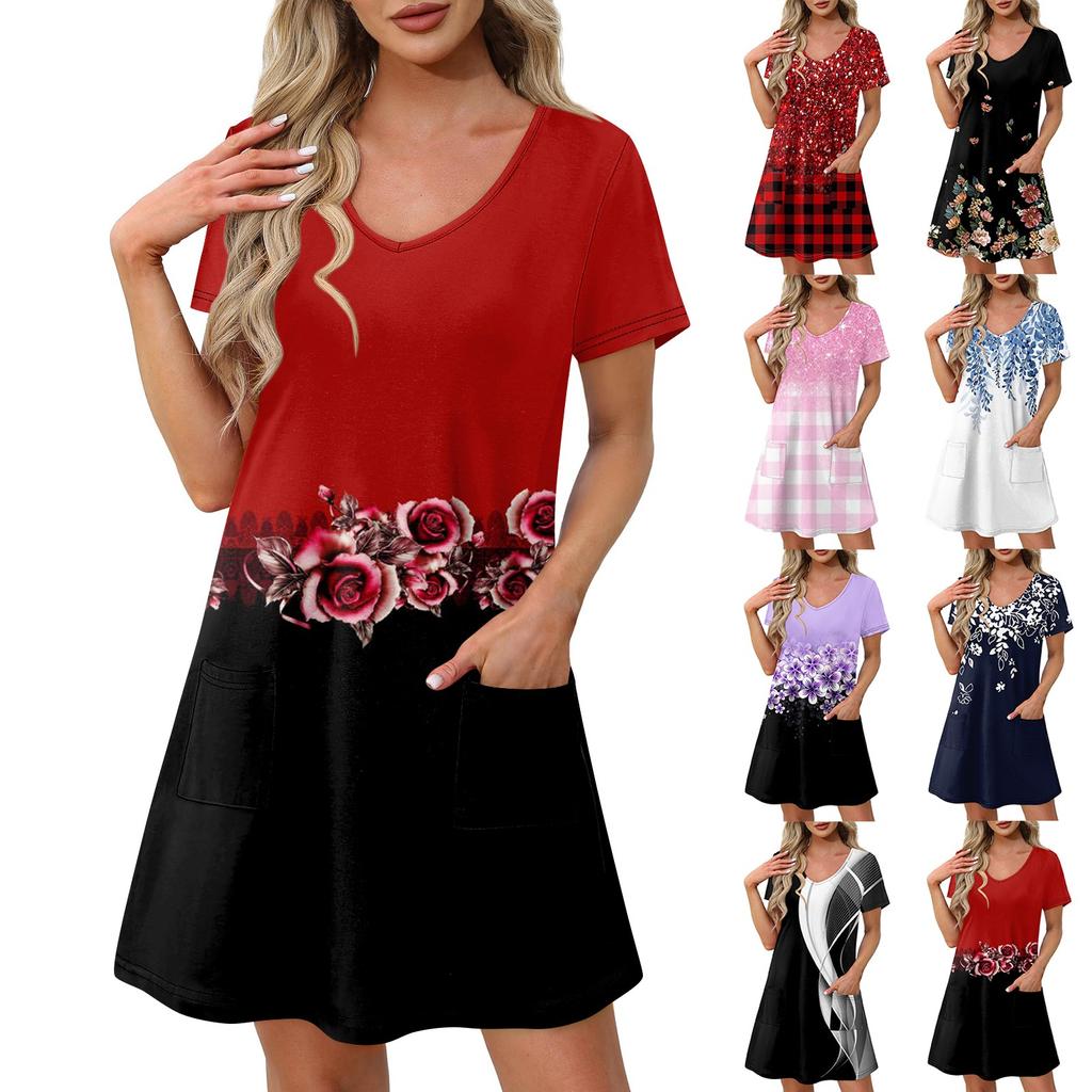 Ladies' Casual And Fashionable V-neck Short Sleeve Printing Mid Length Dress