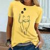 Women's T-shirt T-shirt Black and White Yellow Cat Print Short Sleeved Casual Weekend Basic Round Neck Regular Fit Cat Painting