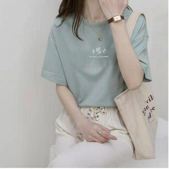 Женская свободная корейская футболка с круглым вырезом, растительными принтами, короткими рукавами и однотонными цветами