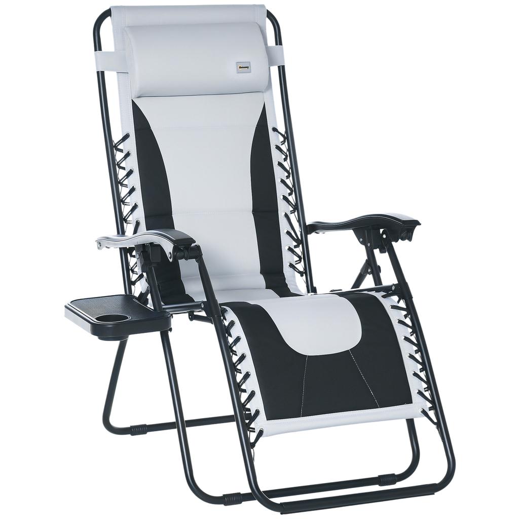 Zero Gravity Lounger Chair, Folding Reclining Patio Chair with Padded Seat, Cup Holder, Soft Cushion and Headrest for Poolside, Camping, Light Grey