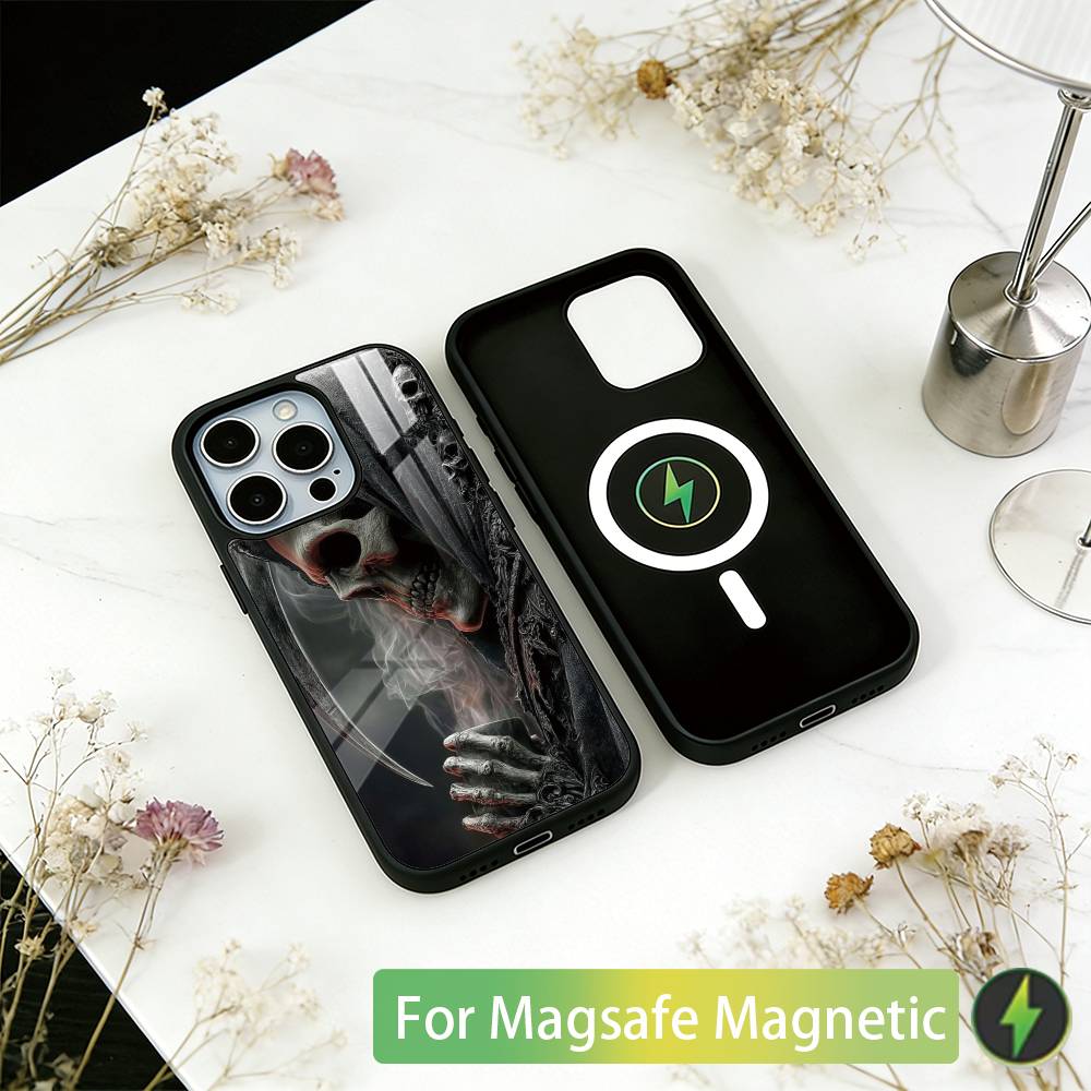 Grim Reaper Skull Skeleton Phone Case For iPhone17,16,15,14,13,12,11 Plus,Pro Magnetic For Magsafe Wireless Charging