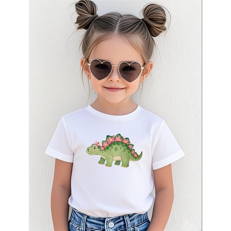 European sizes Girls' Outdoor T-Shirt, Cotton T-Shirt, Casual Fashion Cartoon Dinosaur Print Top