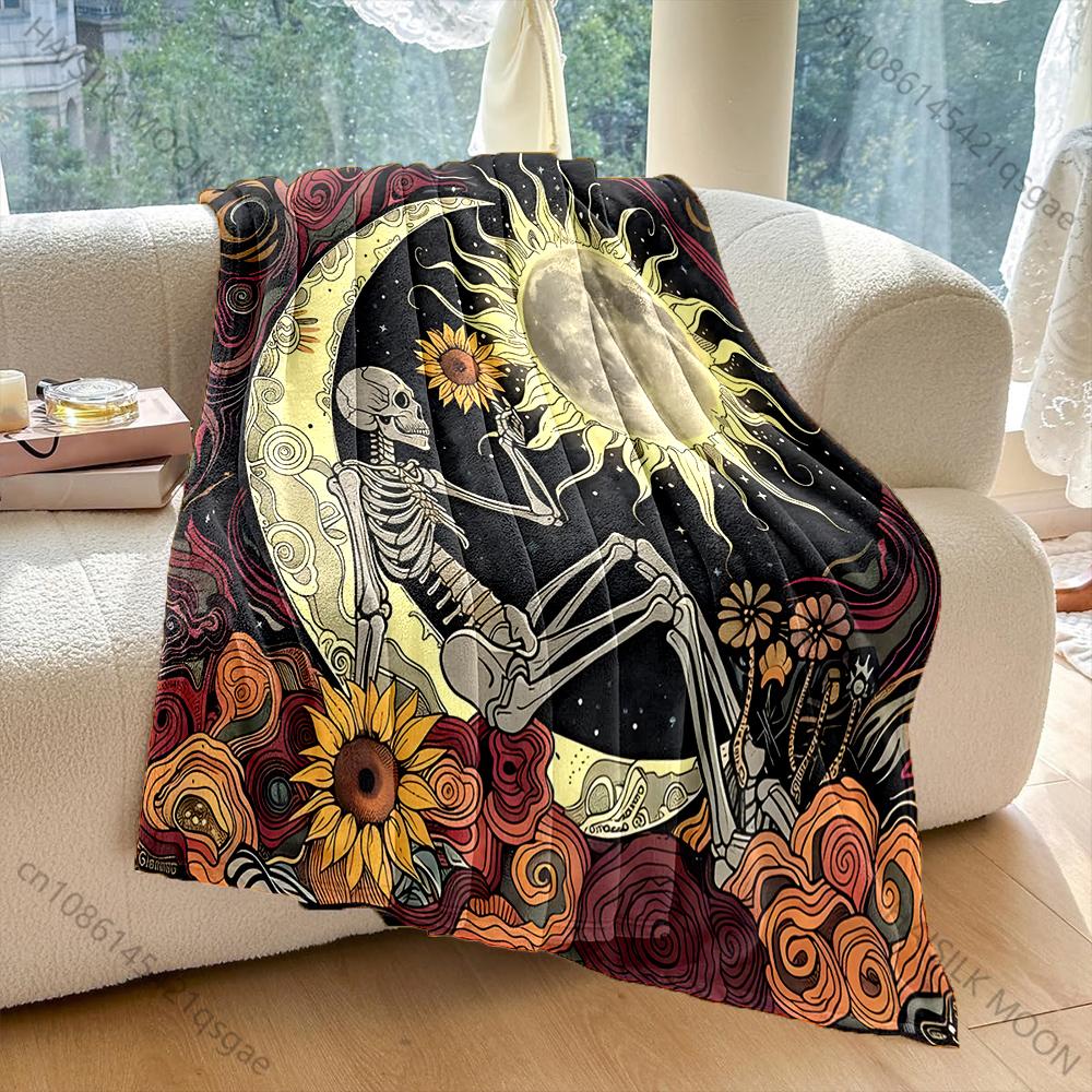Skull Moon Sun Art Print Blanket Warm Soft Fluffy Kids Adult Luxury Gifts for Sofa Bed Home Outdoor Travel Camping Blanket
