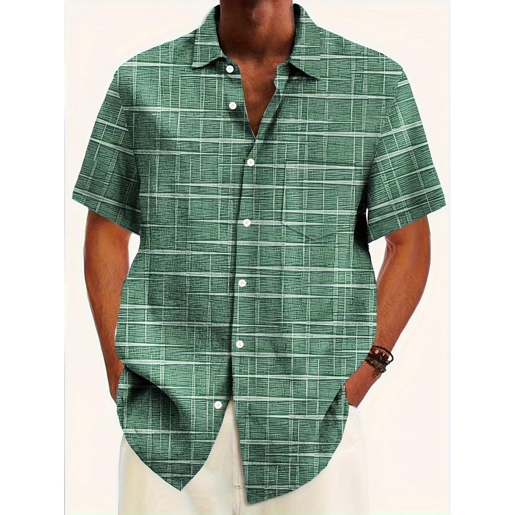 Summer Men's Retro Geometric Pattern Short Sleeved Shirt with Buckle Pocket - Breathable