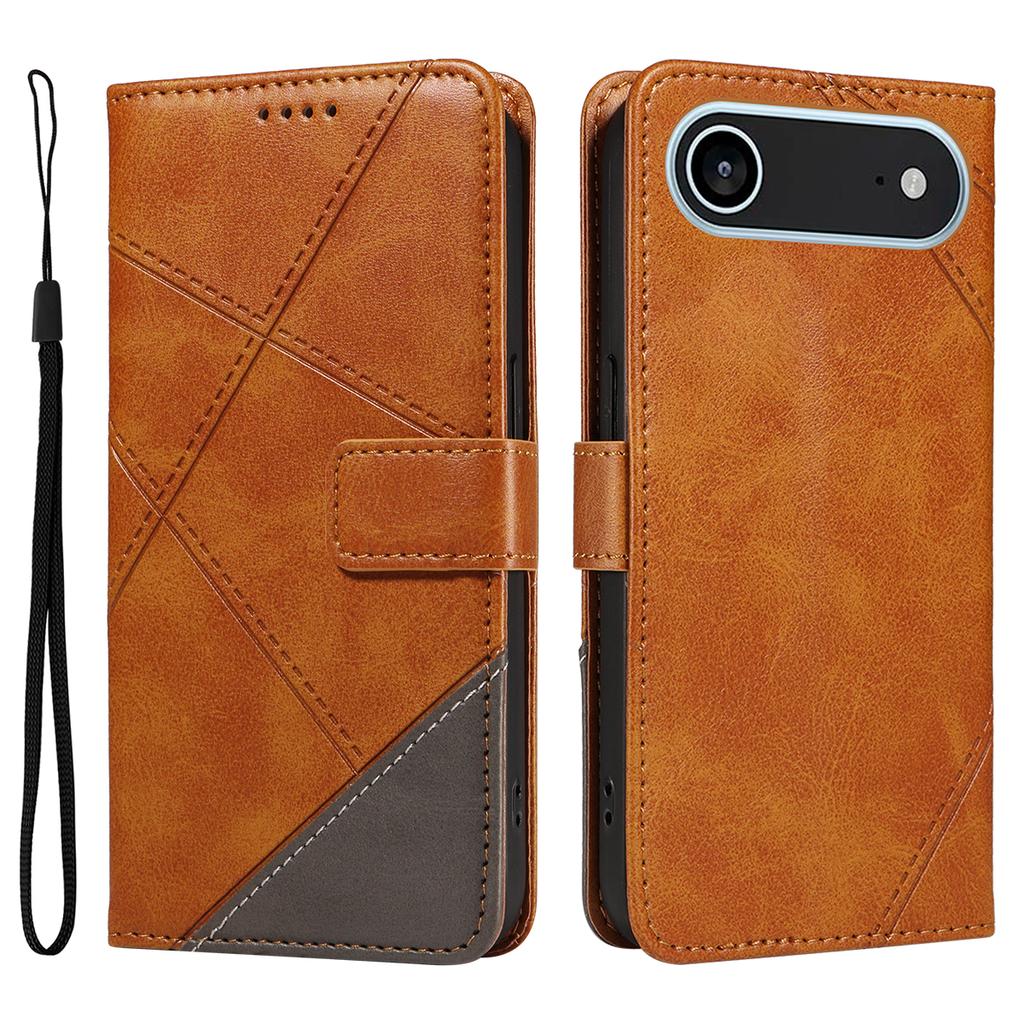 For iPhone 17 Air Leather Case Geometric Line Design Wallet Phone Cover with Wrist Strap