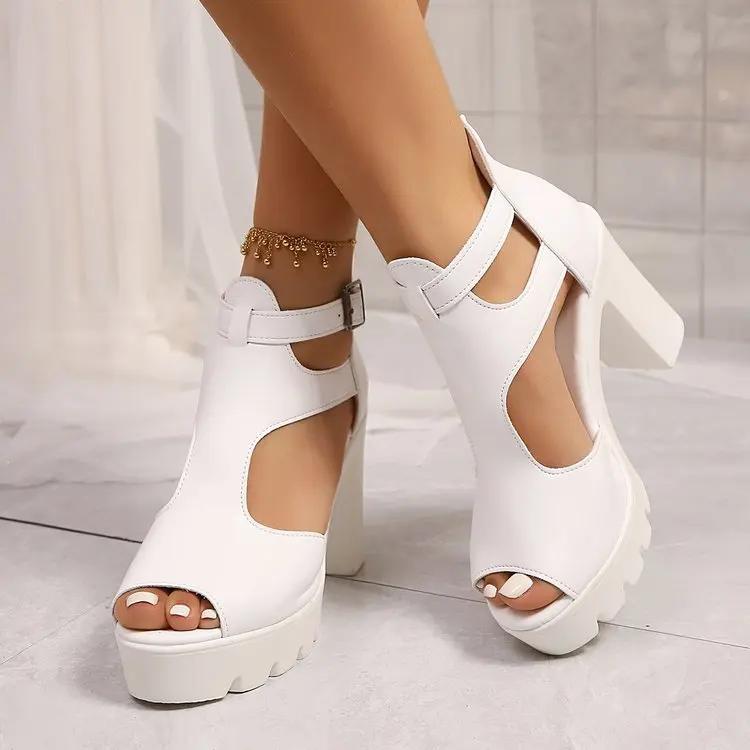 Women Summer Peep Toe Sandals Chunku High Heels Solid Fashion Women's Shoes Platform Belt Buckle Heeled Sandales Femmes