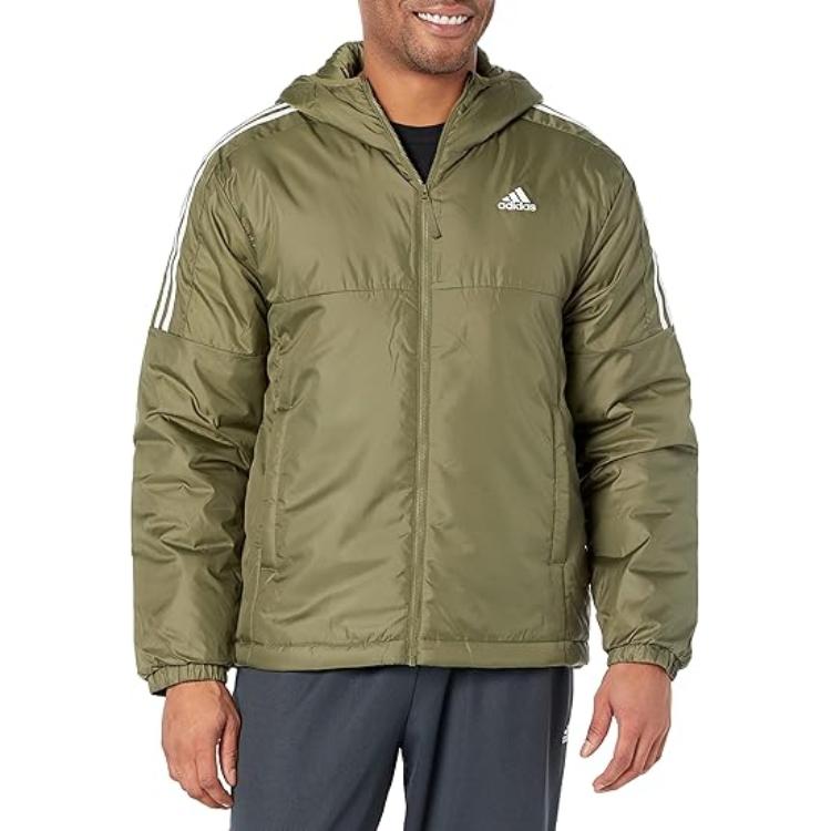 adidas Утепленная куртка с капюшоном Essentials с принтом логотипа, мужская куртка на молнии, цвет оливковый HZ5725