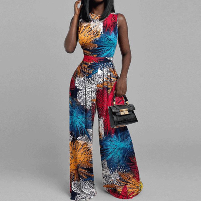 1116 new summer women's clothing, European and American casual trousers, slim-fit printed sleeveless women's jumpsuit women