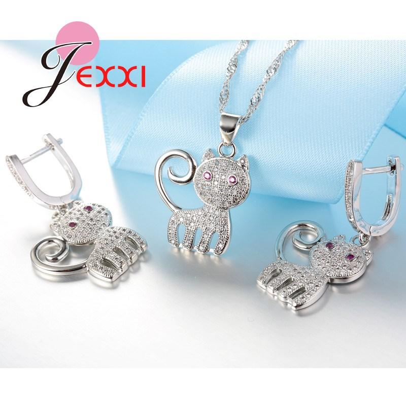 Top Quality Cute Cat Crystal 925 Sterling Silver Color Jewelry Set For Female Women Necklaces Earrings Bridal Jewellery Sets