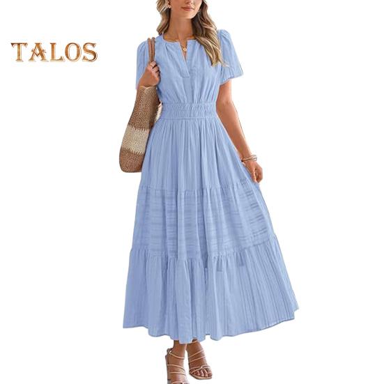 Женское летнее платье макси, повседневное платье с V-образным вырезом, коротким рукавом, многослойное струящееся платье, присборенная талия, плиссированное длинное платье