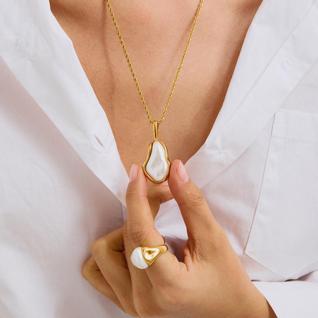 Yori 18K Gold Plated Stainless Steel Shell Pearl Jewelry Set Necklace Earrings Ring Trio for Wedding/Party/Daily Elegant Gift