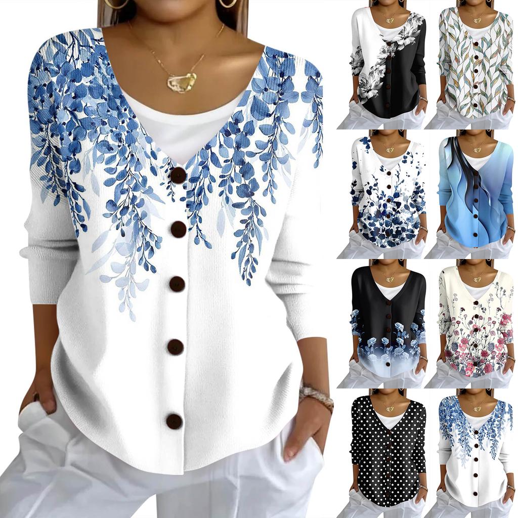 Women's Fashion Casual Knit Sweater Button-Up Floral Print Cardigan Jacket