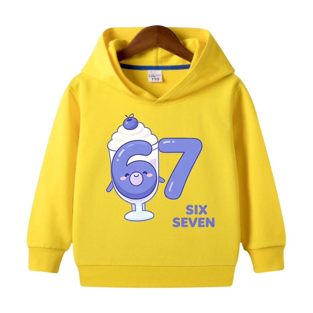 Comfortable long-sleeve hoodie for boys and girls, featuring a fun fruit pattern and "67 Six Seven" lettering.