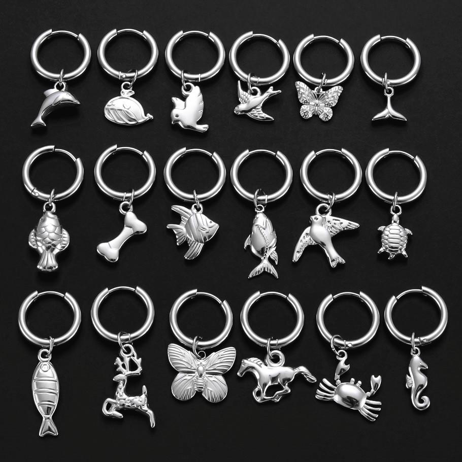 Pendientes Fashion Ear Jewelry Stainless Steel Horse Dog Bone Marine Animals Dangle Hoops Earrings For Women Men Round Piercing