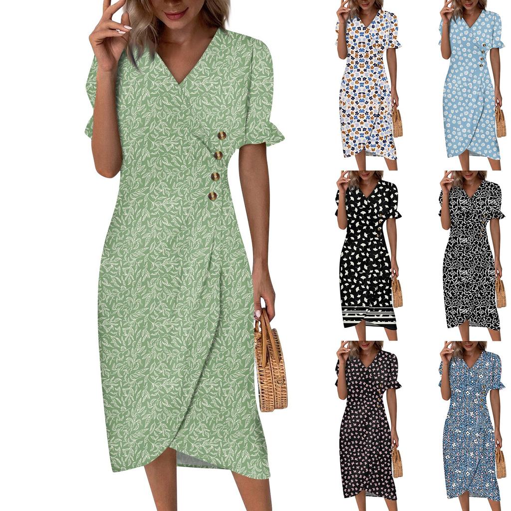 Женское летнее повседневное платье с v-образным вырезом и трапециевидным вырезом в стиле бохо, платье с цветочным принтом и воланами, с запахом и подолом
