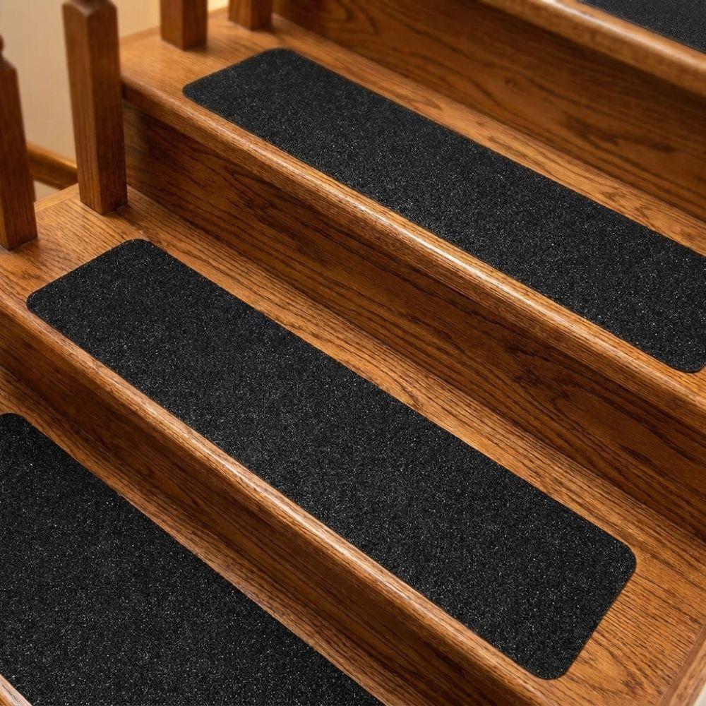 6Pcs Black Frosted Self‑Adhesive Stair Tread Mat Pre-Cut Self-Stick Stair Grip Tape Strips Waterproof Wear-Resistant