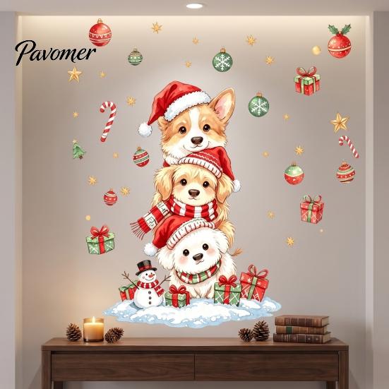 Watercolor Puppy Wall Stickers Christmas Decals, Stacked Dogs Stickers, Self‑Adhesive PVC Xmas Holiday Party Decorations for Bedroom Living