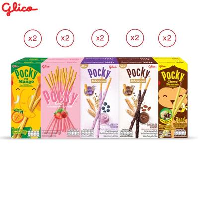 Glico Pocky Happiness Set C, бисквитные палочки, покрытые манго, клубникой, черничным йогуртом, шоколадным миндалем и шоколадным бананом, 10 шт. - Закуска