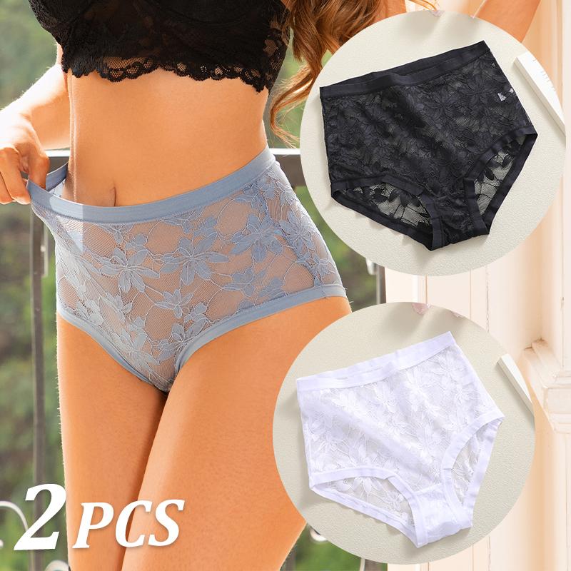 FINETOO 2Pcs Sexy Floral Lace Panties High Waist Lace Briefs Hollow Out See-Through Romantic Lingerie Fashionable Underpants Underwear