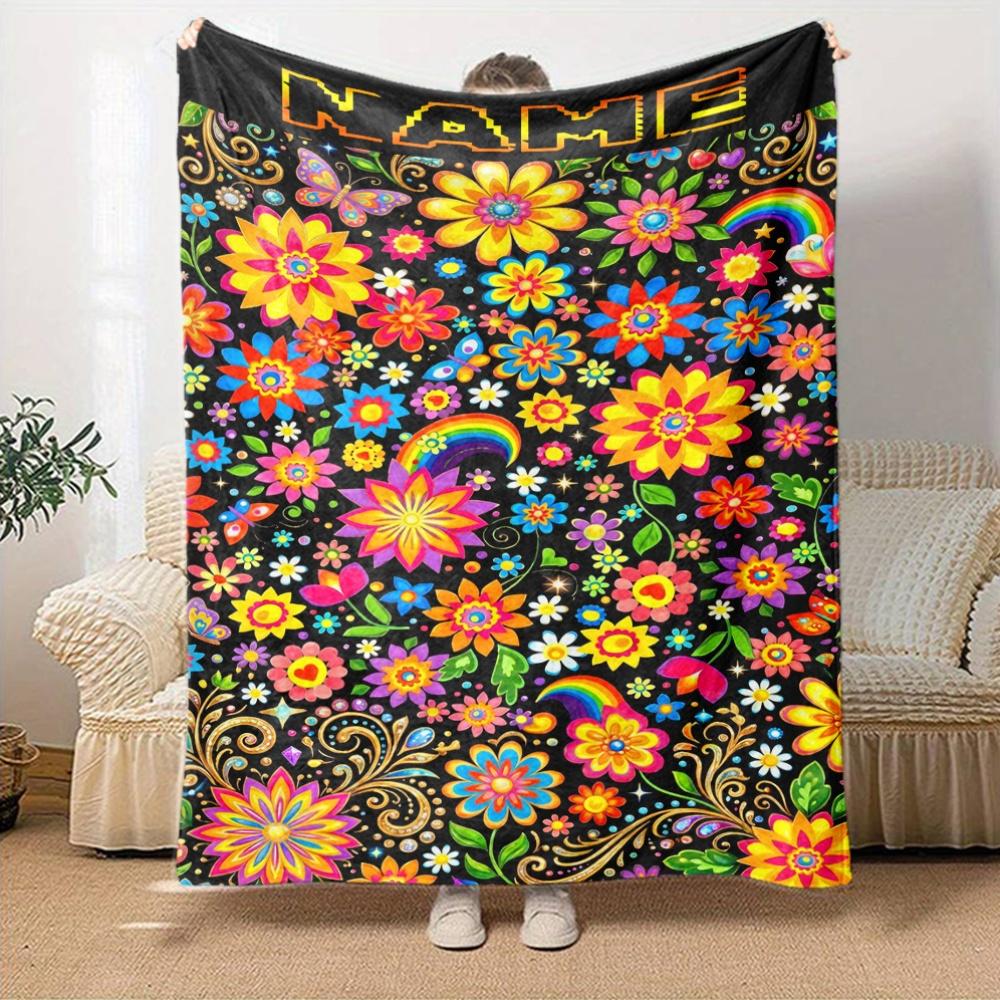 Colorful Floral Rainbow Pattern Home Customize Your Name Blankets Soft Cozy Lightweight All Season Multi Use Throw Blanket For Couch Office Bed Living