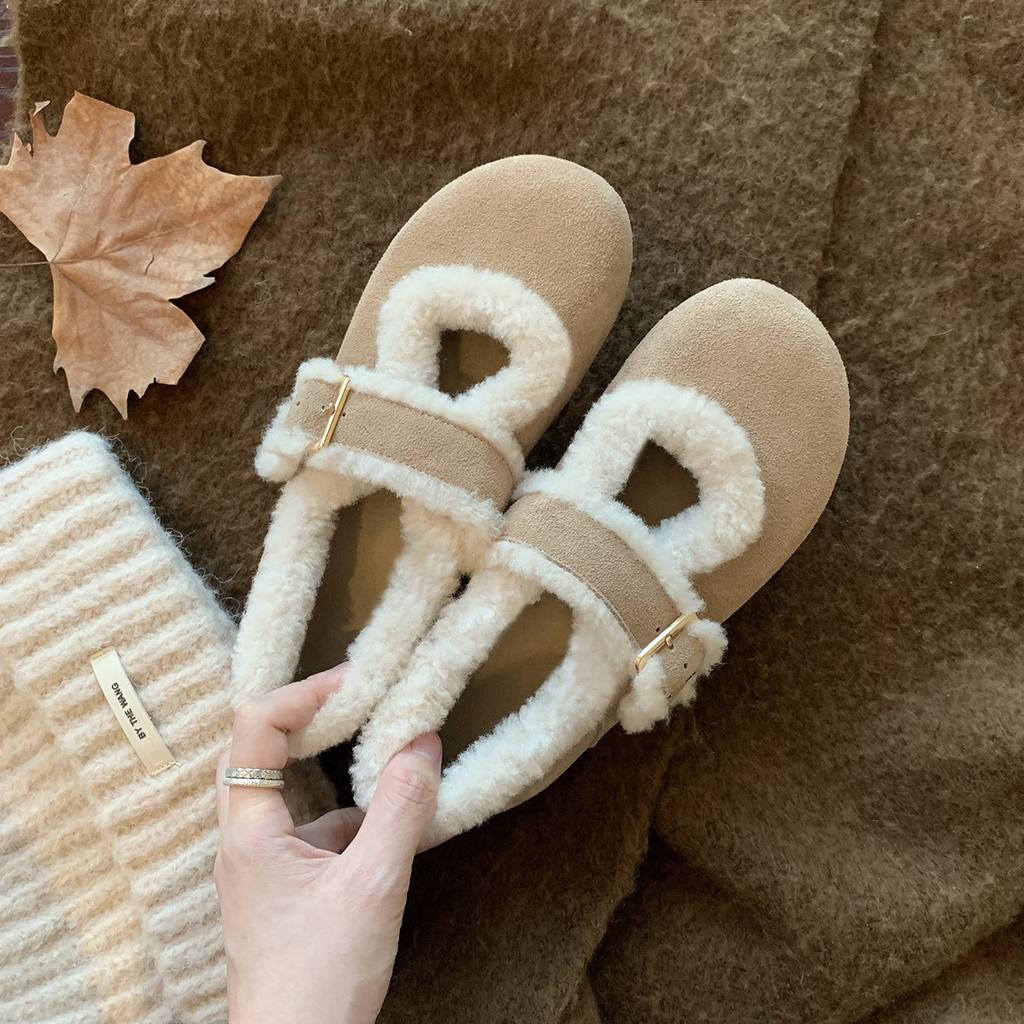 Коровья кожа~ виноградный ма тот же круглый носок с маленьким низким каблуком легкий рот хлопковые туфли пушистые и бархатные туфли Мэри Джейн женские зимние