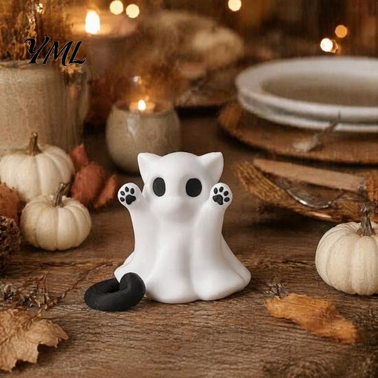 Unique Home Decor Accents Halloween Ghost Cat Statue, Cute Figurine, Cartoon Whimsical Office Desk Accessories Spooky Decoration for Desktop