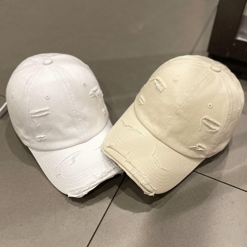 Korean-style solid color distressed ripped baseball cap for women, spring/summer trendy versatile street sun-shading curved brim cap