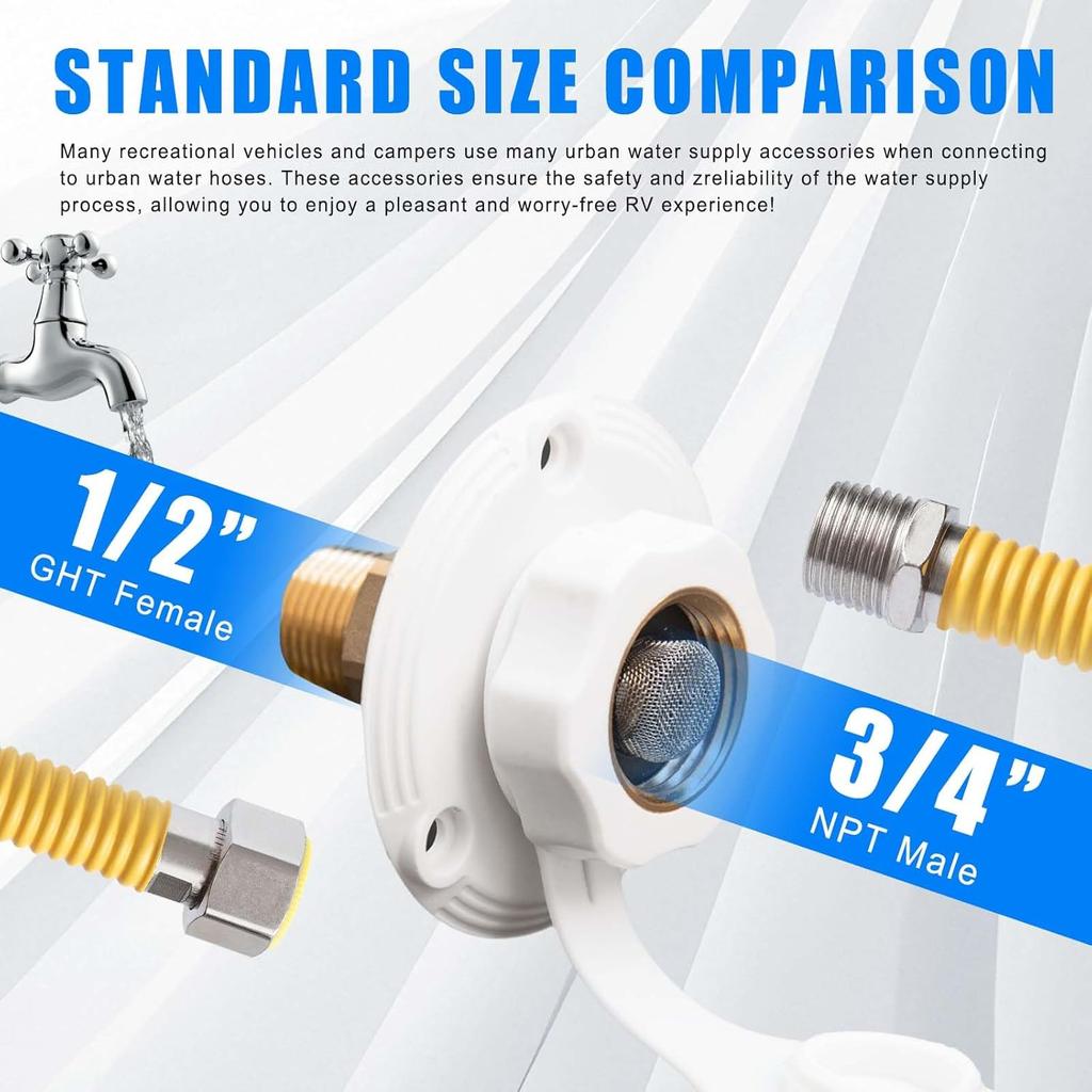 RV City Water Inlet With Check Valve - 3/4'' NH Female To 1/2" NPT Male, RV City Water Inlet For Camper, Trailer And Marine (White)
