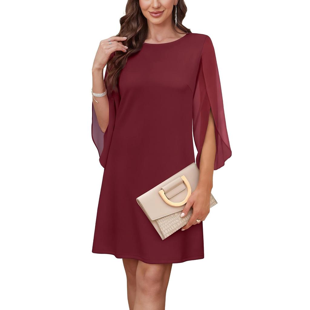 Women's Fashion Solid Color Round Neck Chiffon Patchwork Cape Half Sleeve Dresses