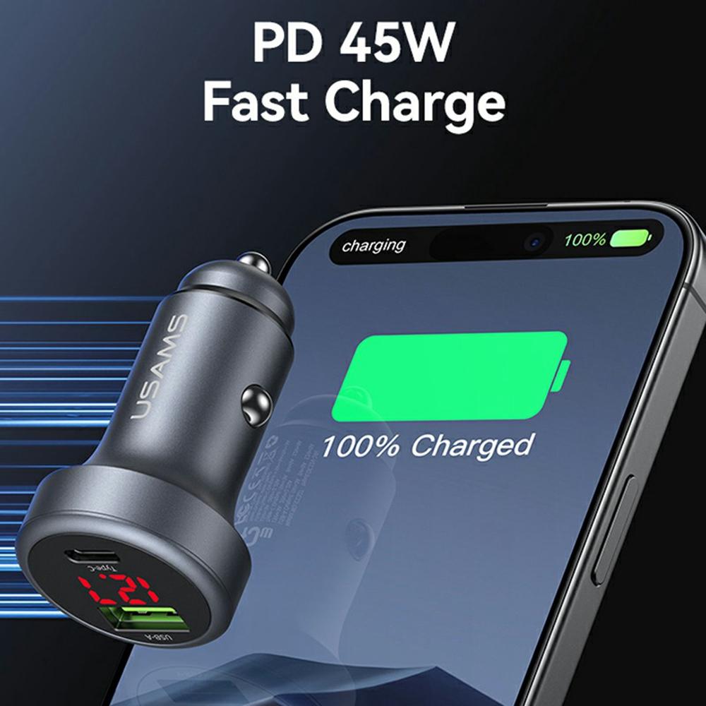 USAMS CC327 C44 USB-A + Type-C Dual Port Car Charger 45W Fast Charging Aluminum Alloy Power Adapter with Voltage Display