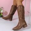 Retro Rivet Mid Calf Cowboy Boots for Women Pointed Toe Square Heel Dark Brown Women Shoes Black Knee-High Knight Boots 35-42
