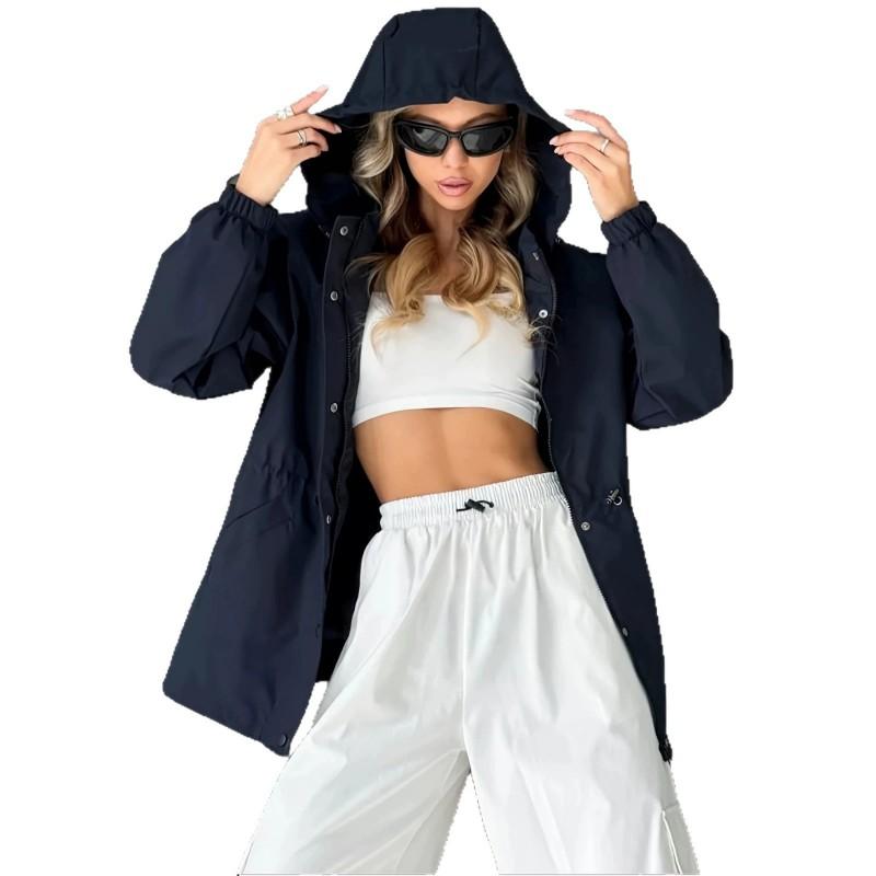 Womens Trench Coat Waterproof Windproof Hooded Jacket Solid Color Casual Outerwear