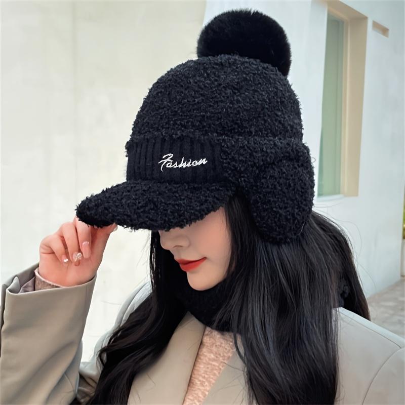 Winter Plush Pilot Cap with Ear Flaps Women's Elastic Polyester Knit Beanie,Warm Fleece Aviator Hat with Pom-Pom, Windproof Outdoor Headwear